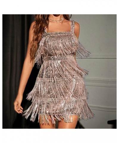 Womens Fashion Sparkly Sequin Dresses Sexy Square Neck Fringe Mini Dress 1920s Party Evening Cocktail Flapper Dresses Beige $...