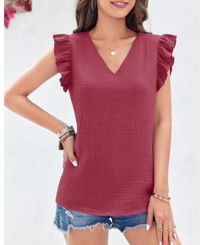 Womens Tops Summer Sleeveless V Neck Ruffle Flowy Shirts Casual Basic Vintage Elegant Blouse Tunic Burgundy $10.74 Tanks