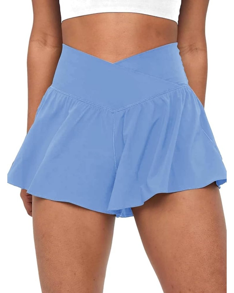 Crossover Flowy Shorts for Women 2 in 1 Athletic Butterfly Running Shorts Tennis Gym Workout Shorts with Pocket Sky Blue $14....