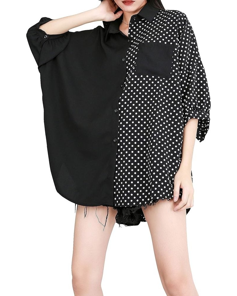 Women's Summer Button-Up Patchwork Blouse Top GY1896 Black $16.47 Blouses