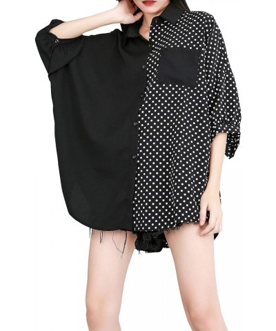 Women's Summer Button-Up Patchwork Blouse Top GY1896 Black $16.47 Blouses