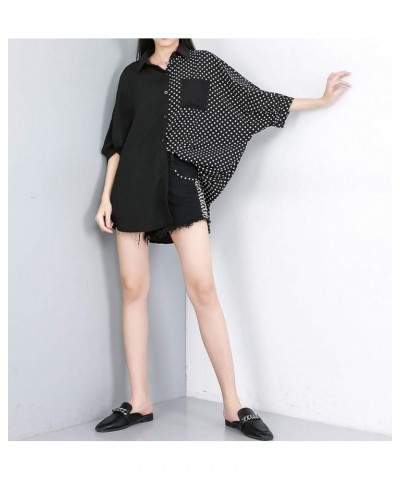 Women's Summer Button-Up Patchwork Blouse Top GY1896 Black $16.47 Blouses