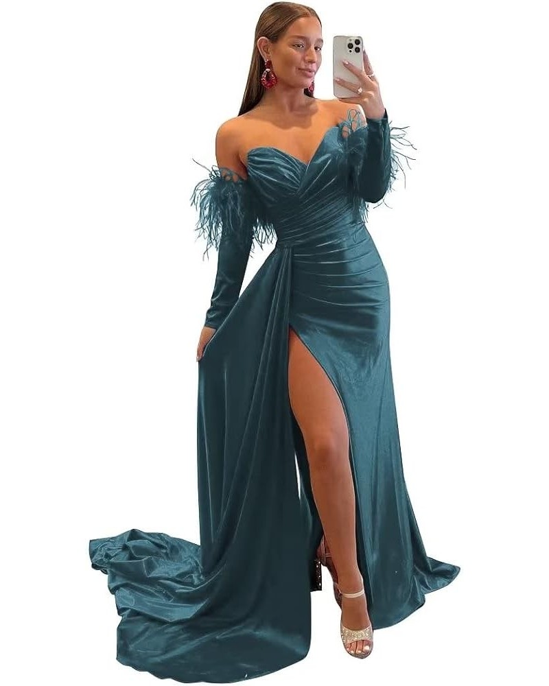 Off The Shoulder Mermaid Prom Dresses with Slit Long Sleeves Sweetheart Feather Satin Formal Party Gown Evening Dresses Peaco...