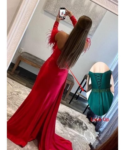 Off The Shoulder Mermaid Prom Dresses with Slit Long Sleeves Sweetheart Feather Satin Formal Party Gown Evening Dresses Peaco...