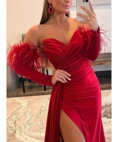 Off The Shoulder Mermaid Prom Dresses with Slit Long Sleeves Sweetheart Feather Satin Formal Party Gown Evening Dresses Peaco...