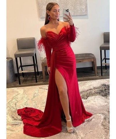 Off The Shoulder Mermaid Prom Dresses with Slit Long Sleeves Sweetheart Feather Satin Formal Party Gown Evening Dresses Peaco...