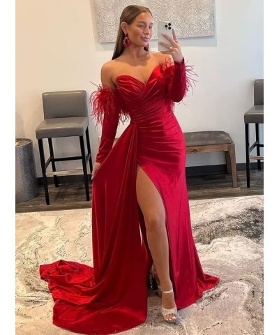 Off The Shoulder Mermaid Prom Dresses with Slit Long Sleeves Sweetheart Feather Satin Formal Party Gown Evening Dresses Peaco...