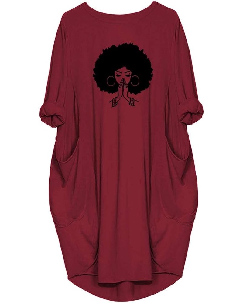 Women Afro Cute Graphic Print Long Sleeve Casual Tunic Dress with Big Pocket Red $11.19 Dresses