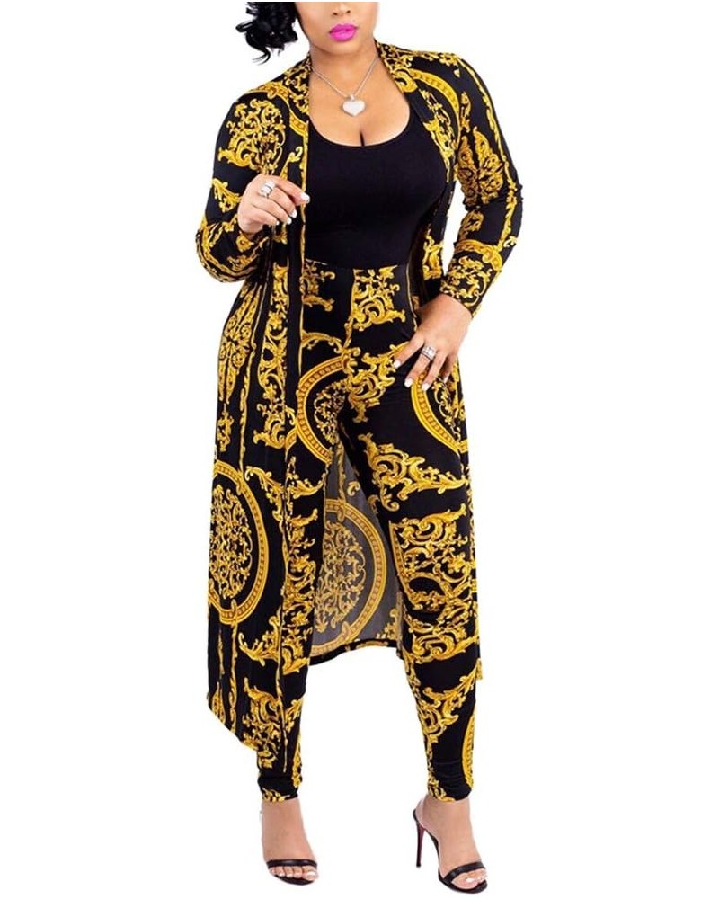 Womens 2 Piece Print Outfits Clubwear Long Sleeve Open Cardigan Pants Set Golden $22.31 Sweaters