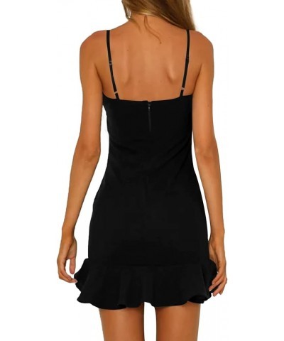 Women's Spaghetti Straps Sleeveless Ruffle Trim Sexy Bodycon Club Mini Dress Black $18.62 Dresses