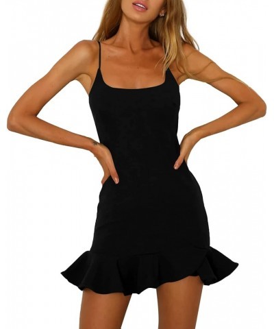 Women's Spaghetti Straps Sleeveless Ruffle Trim Sexy Bodycon Club Mini Dress Black $18.62 Dresses