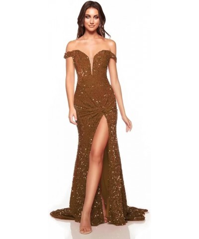 Sparkly Off Shoulder Prom Dresses Long with High Slit Mermaid Sequin Dress for Women Wedding Party Formal Gowns Light Brown $...