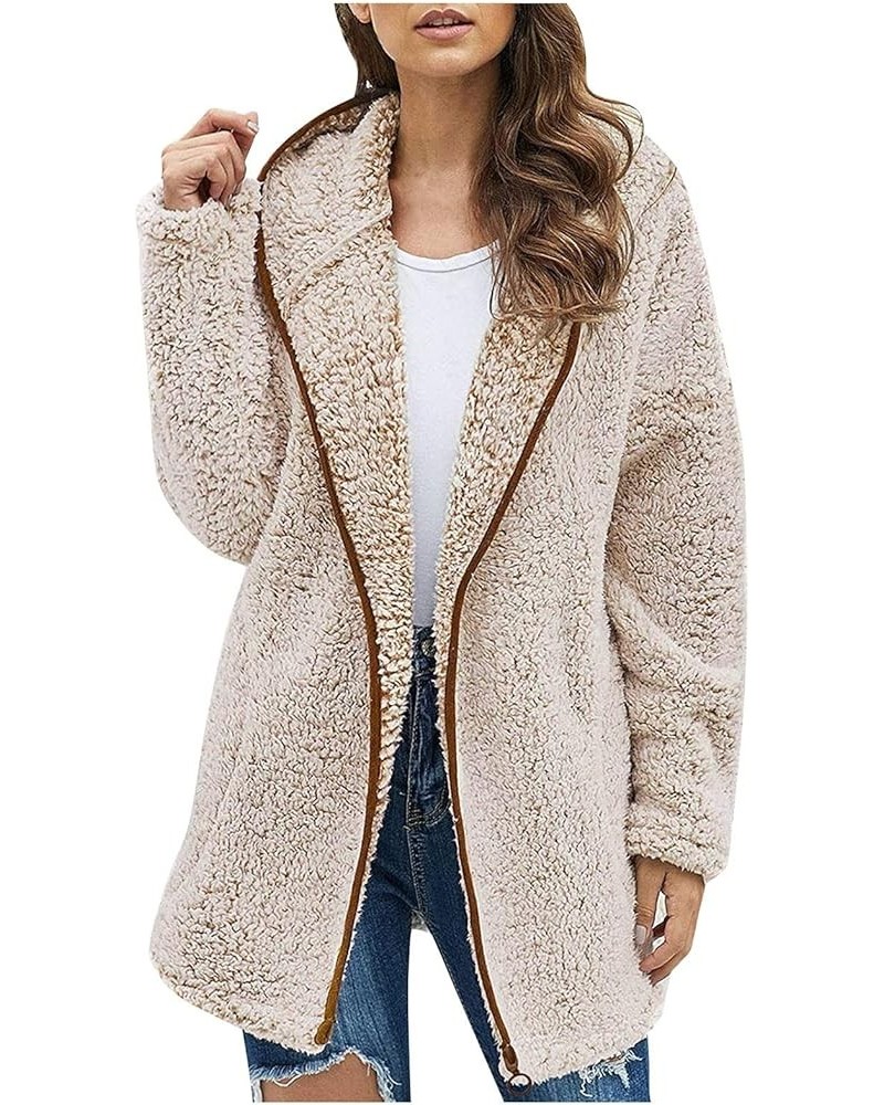 Women's Fuzzy Fleece Sherpa Jacket Long Sleeve Soft Warm Hooded Jackets Coats with Pockets Deep Apricot $18.62 Jackets