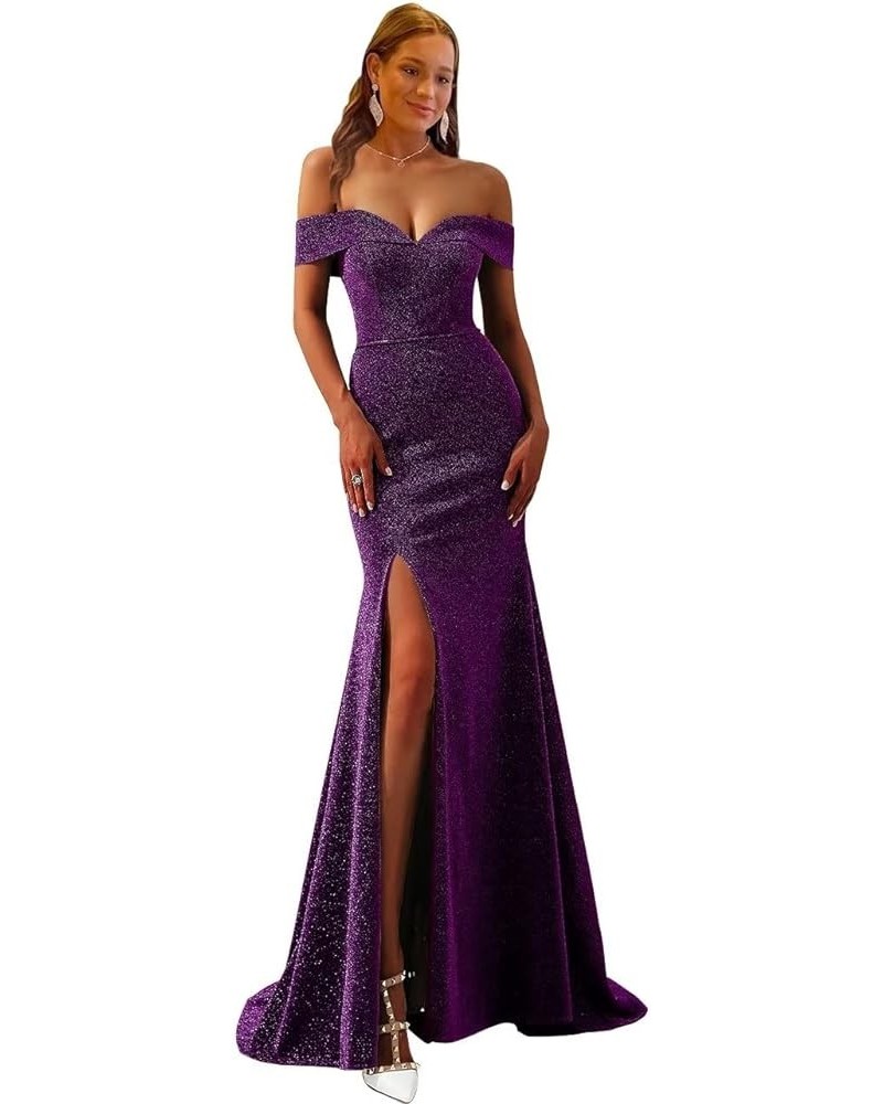 Women's Off Shoulder Side Split Mermaid Prom Evening Gown Dark Purple $33.96 Dresses