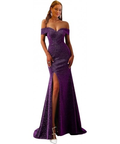 Women's Off Shoulder Side Split Mermaid Prom Evening Gown Dark Purple $33.96 Dresses