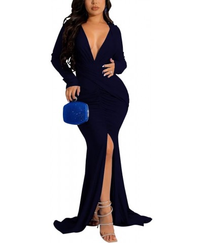 Colorful Maxi Dresses for Women Sexy Long Sleeve Deep V Neck Bodycon Floor Length Dress 590navy Blue $13.24 Dresses