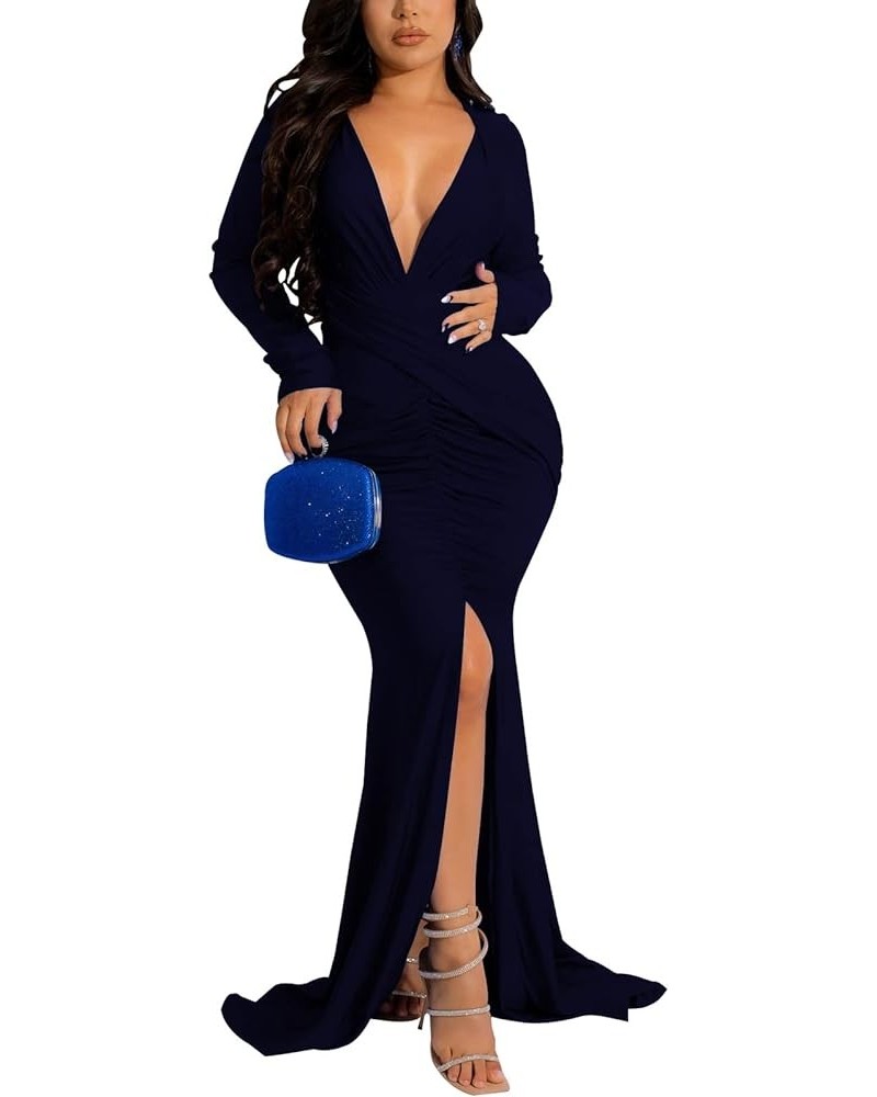 Colorful Maxi Dresses for Women Sexy Long Sleeve Deep V Neck Bodycon Floor Length Dress 590navy Blue $13.24 Dresses