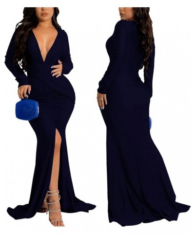 Colorful Maxi Dresses for Women Sexy Long Sleeve Deep V Neck Bodycon Floor Length Dress 590navy Blue $13.24 Dresses