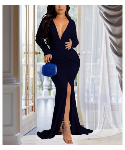 Colorful Maxi Dresses for Women Sexy Long Sleeve Deep V Neck Bodycon Floor Length Dress 590navy Blue $13.24 Dresses