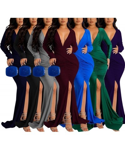 Colorful Maxi Dresses for Women Sexy Long Sleeve Deep V Neck Bodycon Floor Length Dress 590navy Blue $13.24 Dresses