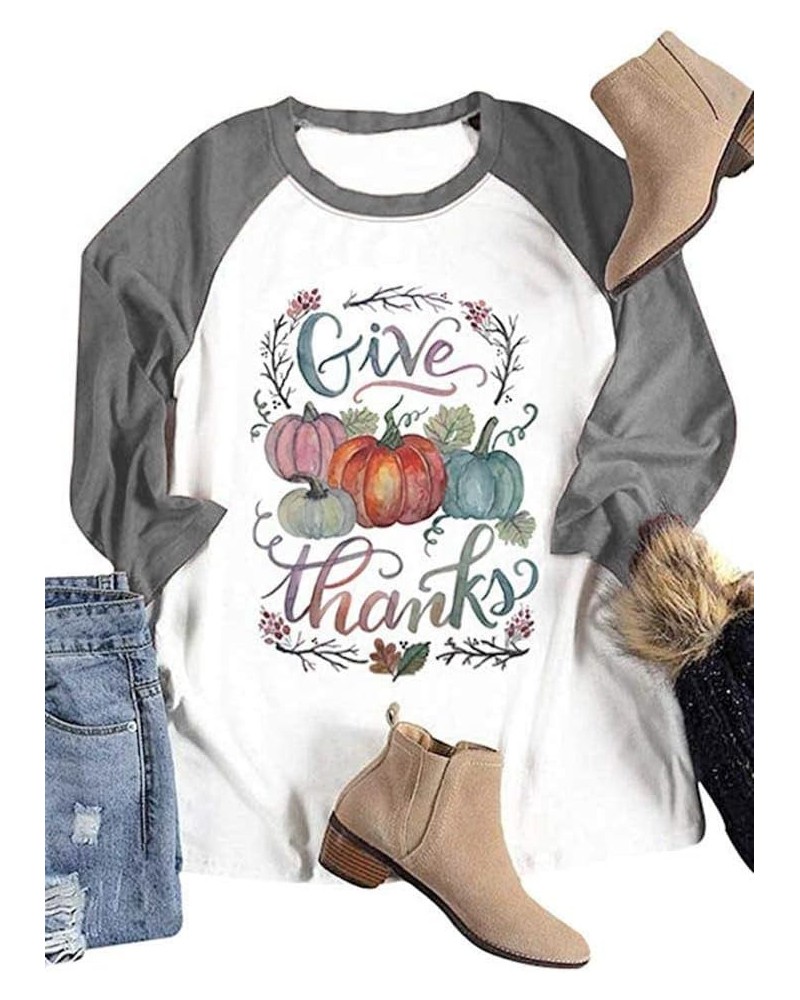 Thanksgiving Give Thanks Shirts Tee Women Halloween Pumpkin 3/4 Sleeve Tee Tops Blouse Grey $13.74 Blouses