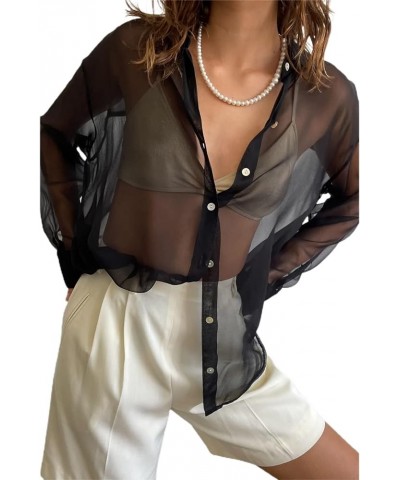 Women’s Sheer Button Up Shirt Y2K Long Sleeve Lapel V Neck Mesh Top Vintage See Through Basic Blouse Streetwear A-black $9.89...