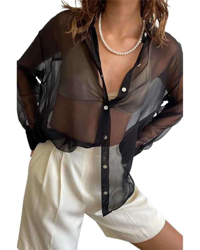 Women’s Sheer Button Up Shirt Y2K Long Sleeve Lapel V Neck Mesh Top Vintage See Through Basic Blouse Streetwear A-black $9.89...