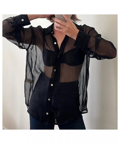 Women’s Sheer Button Up Shirt Y2K Long Sleeve Lapel V Neck Mesh Top Vintage See Through Basic Blouse Streetwear A-black $9.89...