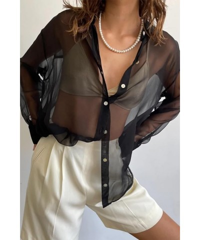 Women’s Sheer Button Up Shirt Y2K Long Sleeve Lapel V Neck Mesh Top Vintage See Through Basic Blouse Streetwear A-black $9.89...