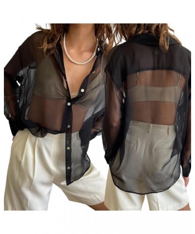 Women’s Sheer Button Up Shirt Y2K Long Sleeve Lapel V Neck Mesh Top Vintage See Through Basic Blouse Streetwear A-black $9.89...