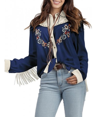 Women's Embroidered Western Long Sleeve Buttons Down Shirts Collared Retro Casual Blouses Shirts Blue $19.06 Blouses