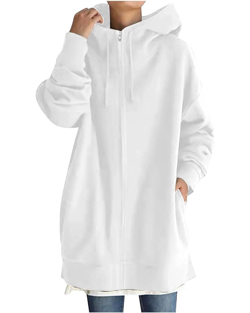 Hoodies for Women Full Zip up Long Hoodie Basic Sweatshirt Fall Fashion Jacket Hooded Coat with Pockets White $9.53 Jackets