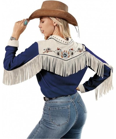 Women's Embroidered Western Long Sleeve Buttons Down Shirts Collared Retro Casual Blouses Shirts Blue $19.06 Blouses