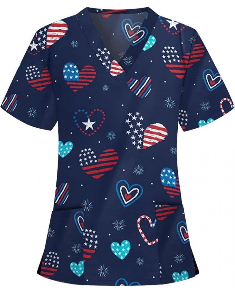 Womens Scrub Tops Summer Cute Animals Print Short Sleeve V Neck T Shirts Stretchy Nursing Uniform Tops with Pockets K-navy $7...