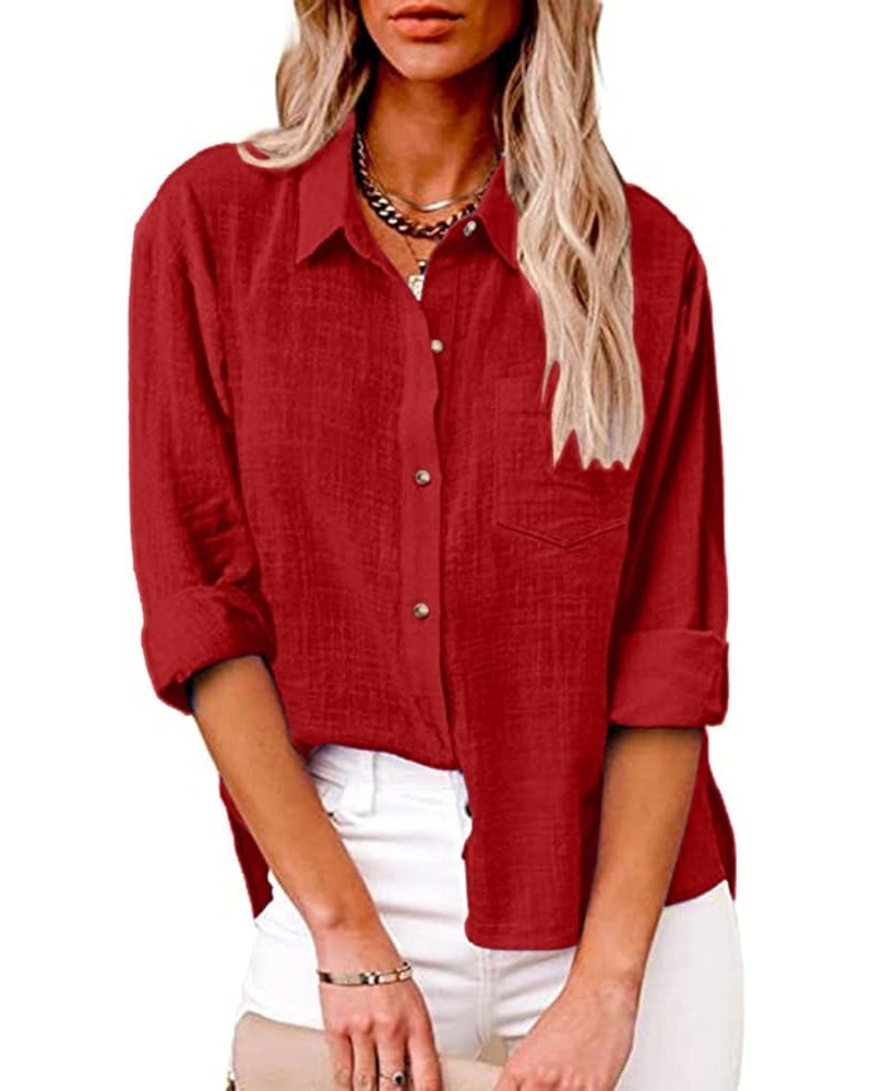 Linen Shirts for Women Button Down Tshirt Dressy Casual Gauze Blouses Comfy Lightweight Long Sleeve Shirts Fall Tops Red $5.4...