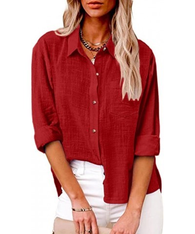 Linen Shirts for Women Button Down Tshirt Dressy Casual Gauze Blouses Comfy Lightweight Long Sleeve Shirts Fall Tops Red $5.4...