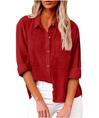 Linen Shirts for Women Button Down Tshirt Dressy Casual Gauze Blouses Comfy Lightweight Long Sleeve Shirts Fall Tops Red $5.4...