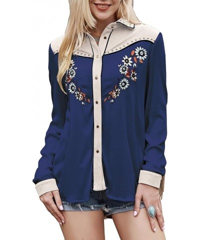 Women's Embroidered Western Long Sleeve Buttons Down Shirts Collared Retro Casual Blouses Shirts Blue $19.06 Blouses