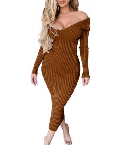 Women's Sexy Long Sleeve Off Shoulder Knit Bodycon Long Dress Camel $10.75 Dresses