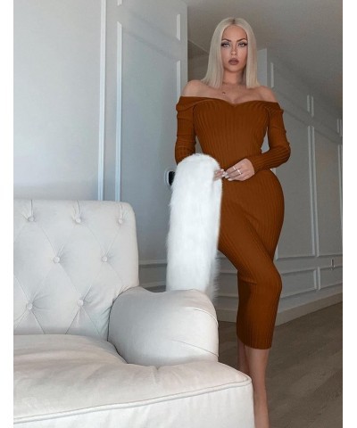 Women's Sexy Long Sleeve Off Shoulder Knit Bodycon Long Dress Camel $10.75 Dresses