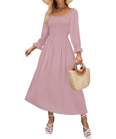 Women's Casual Square Neck 3/4 Puff Sleeve Solid Color Smocked High Waist Flowy Midi Dress Darkpink $20.99 Dresses