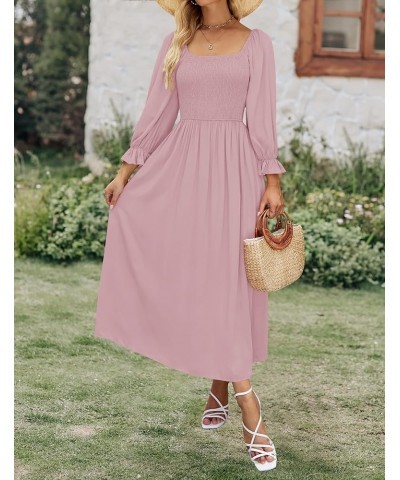 Women's Casual Square Neck 3/4 Puff Sleeve Solid Color Smocked High Waist Flowy Midi Dress Darkpink $20.99 Dresses