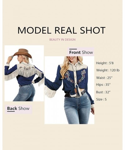 Women's Embroidered Western Long Sleeve Buttons Down Shirts Collared Retro Casual Blouses Shirts Blue $19.06 Blouses