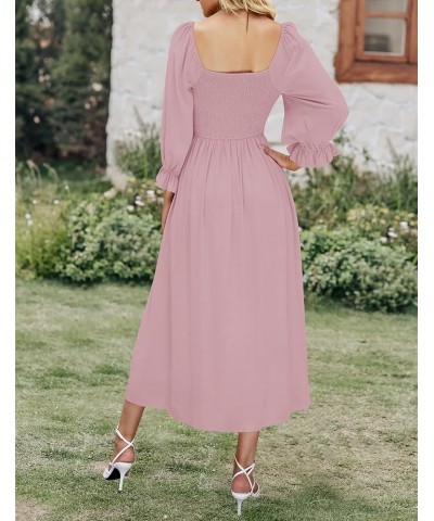 Women's Casual Square Neck 3/4 Puff Sleeve Solid Color Smocked High Waist Flowy Midi Dress Darkpink $20.99 Dresses