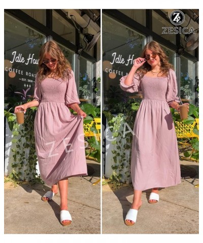 Women's Casual Square Neck 3/4 Puff Sleeve Solid Color Smocked High Waist Flowy Midi Dress Darkpink $20.99 Dresses