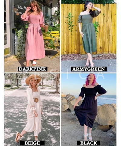 Women's Casual Square Neck 3/4 Puff Sleeve Solid Color Smocked High Waist Flowy Midi Dress Darkpink $20.99 Dresses