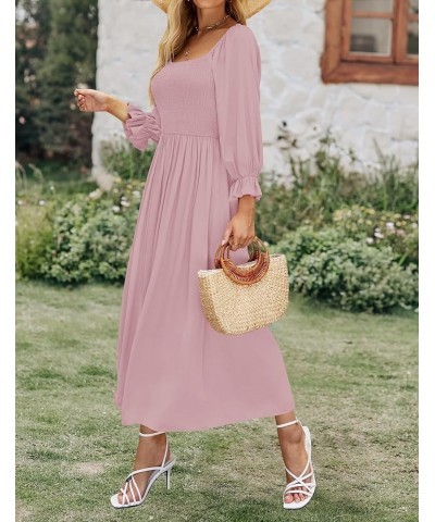 Women's Casual Square Neck 3/4 Puff Sleeve Solid Color Smocked High Waist Flowy Midi Dress Darkpink $20.99 Dresses