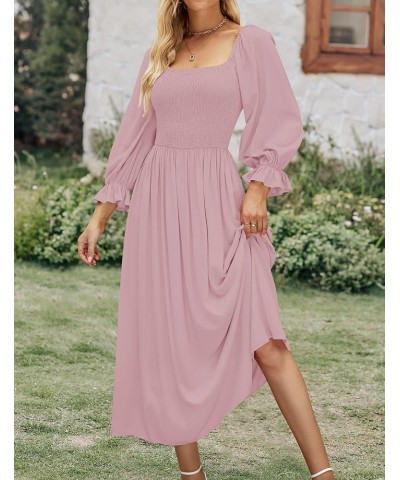 Women's Casual Square Neck 3/4 Puff Sleeve Solid Color Smocked High Waist Flowy Midi Dress Darkpink $20.99 Dresses