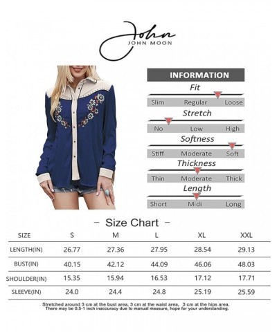 Women's Embroidered Western Long Sleeve Buttons Down Shirts Collared Retro Casual Blouses Shirts Blue $19.06 Blouses