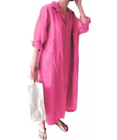 Womens Chic Button Down Rolled-Up Sleeve Long Cotton Blouse Maxi Dress Rose $19.18 Dresses